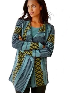 J.Jill Juniper Boho Geometric Aztec Jacquard Knit Draped Front Cardigan Sweater